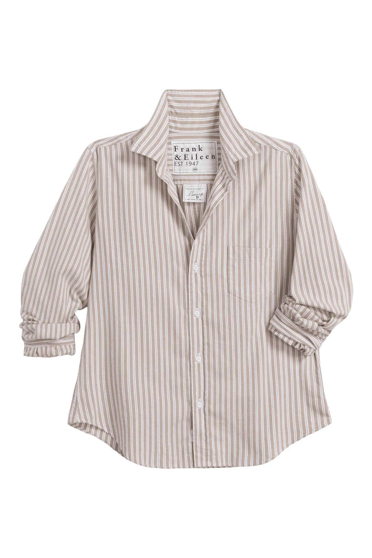 Camel and white striped Italian cotton button-up shirt with chest pocket by Frank &amp; Eileen.