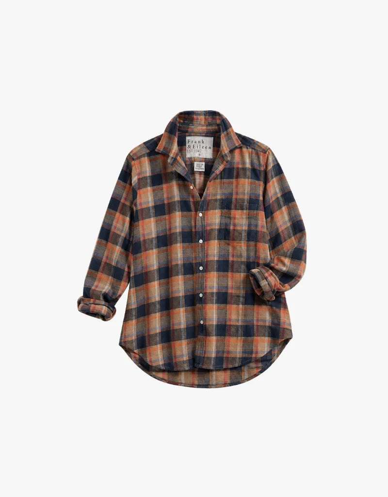 Relaxed-fit navy and orange plaid cotton shirt with rolled sleeves by Frank & Eileen, casual California style.