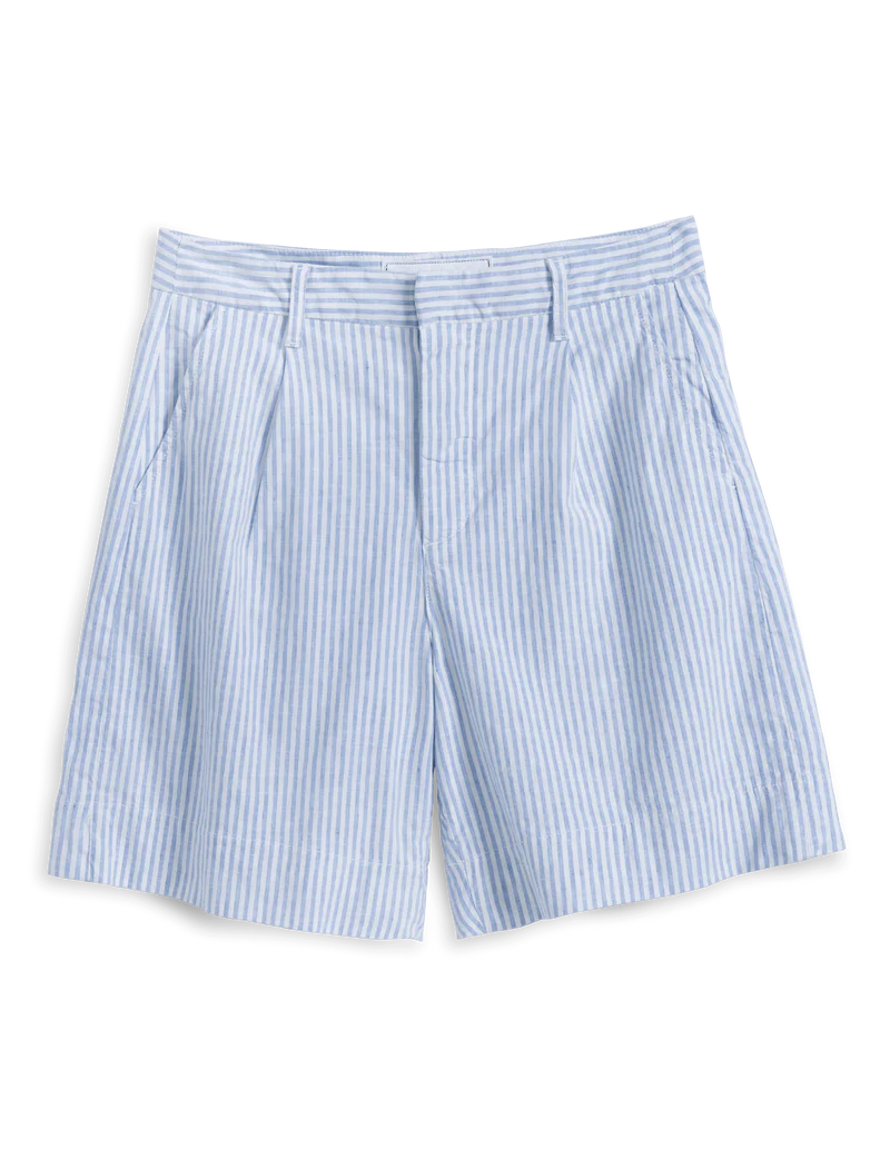 The Frank & Eileen Waterford Short features light blue and white vertical stripes, belt loops, side pockets, and a relaxed wide-leg fit, crafted from soft Italian Performance Linen and shown laid flat on a white background.