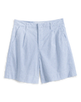 The Frank & Eileen Waterford Short features light blue and white vertical stripes, belt loops, side pockets, and a relaxed wide-leg fit, crafted from soft Italian Performance Linen and shown laid flat on a white background.