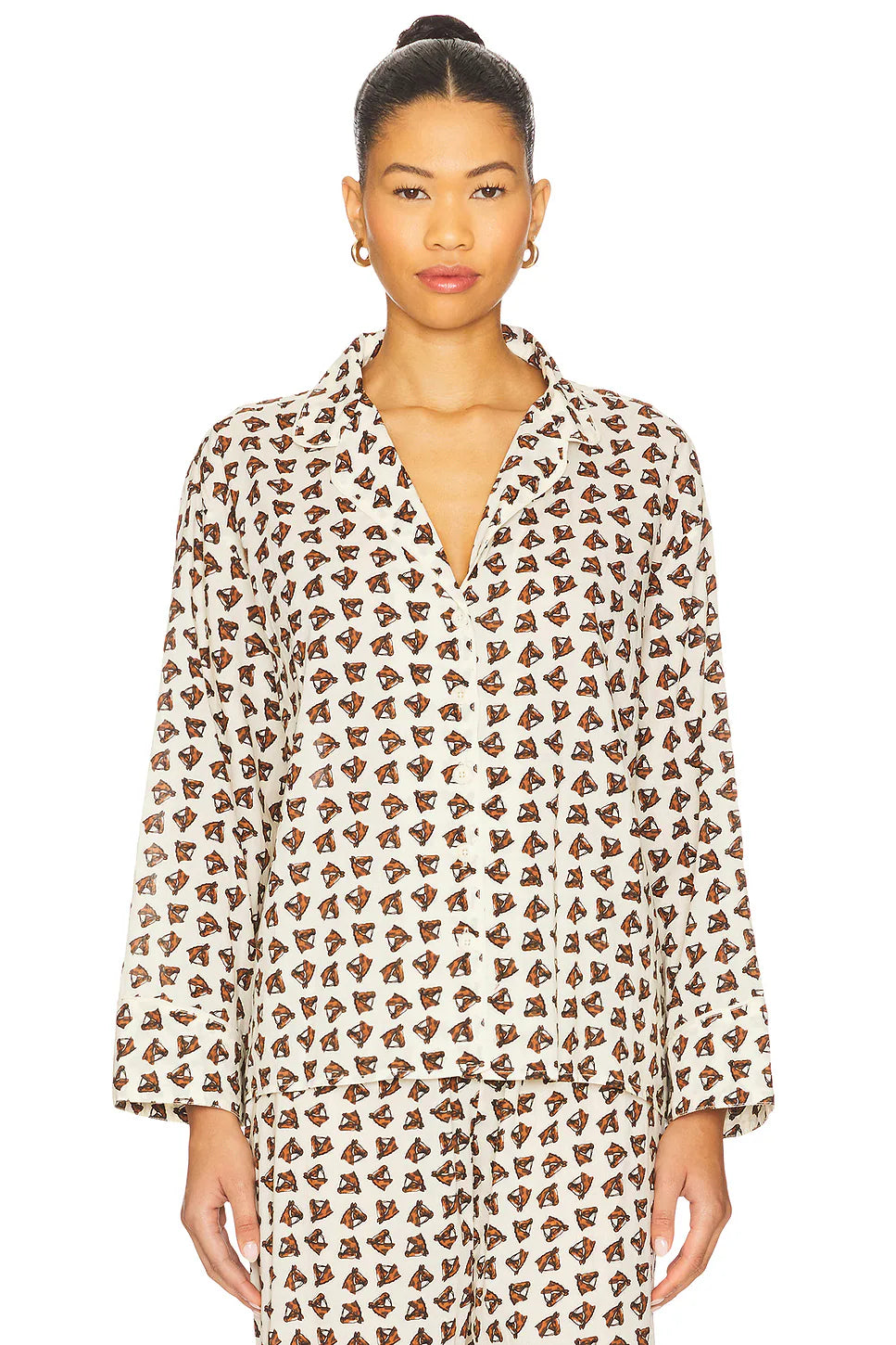 Cream long-sleeve pajama shirt with brown horse medallion print by Bungalow Furniture &amp; Accessories.