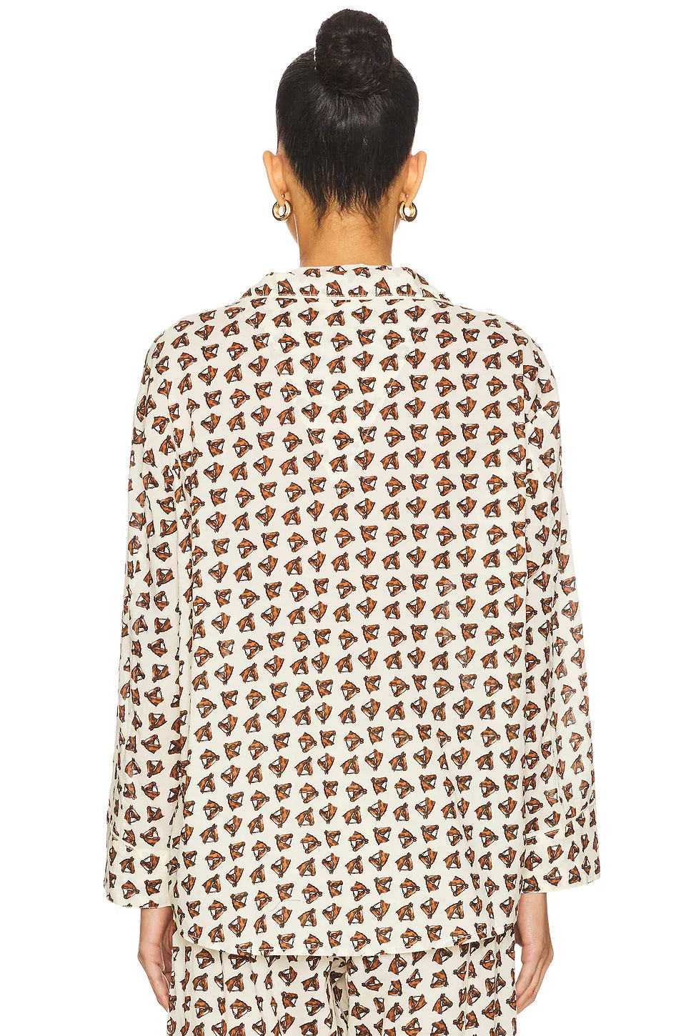 Back view of The Pajama Shirt by Bungalow Furniture &amp; Accessories in cream cotton with a brown and orange geometric print.