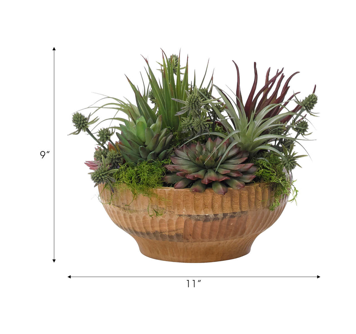 The Succulent Wood Bowl by Natural Decorations Inc. features a mix of green and burgundy faux succulents in an 11" wide, 9" tall round wooden bowl—a beautiful, maintenance-free decor accent. Simple vertical arrows show the dimensions.