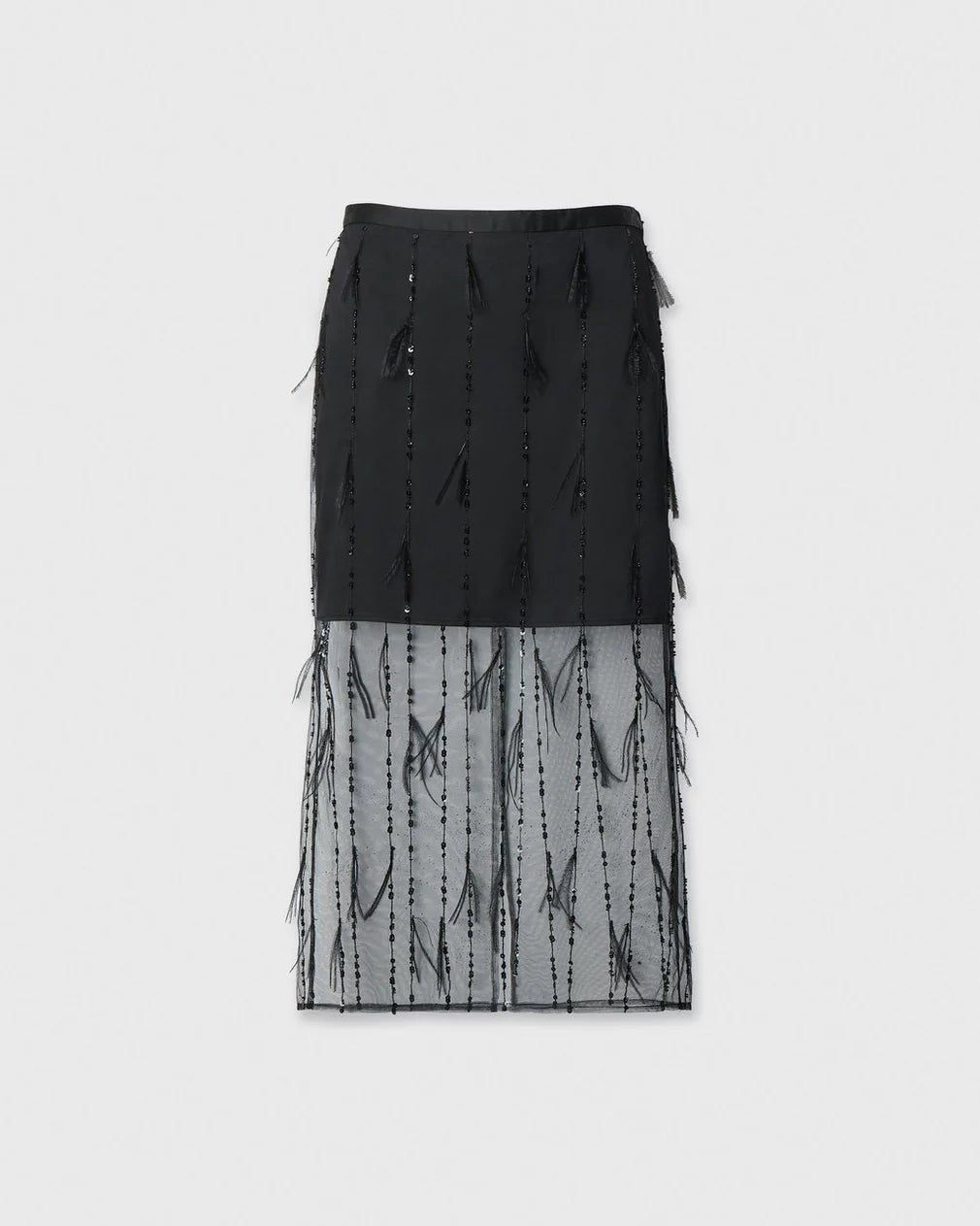 Black Rag &amp; Bone Geena midi column skirt with sheer organza overlay, hanging sequins, and feather accents.