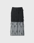 Black Rag & Bone Geena midi column skirt with sheer organza overlay, hanging sequins, and feather accents.