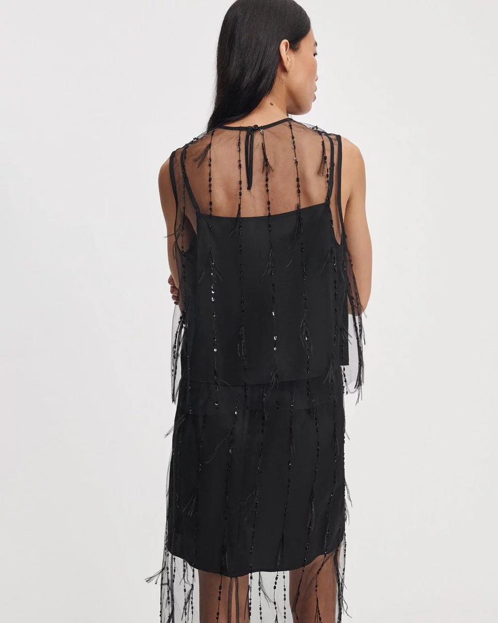 Black sleeveless evening top with sheer organza overlay and beaded fringe, Rag & Bone Geena Tank.