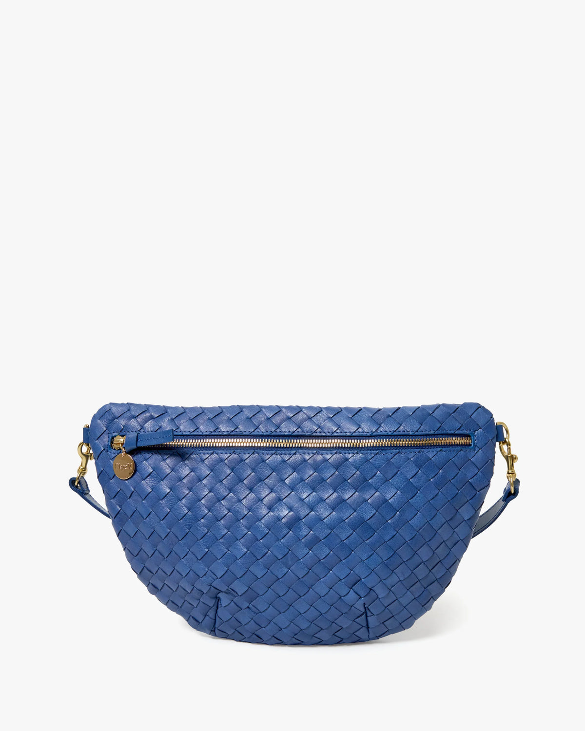 The Clare Vivier Grande Fanny S26 is a blue handwoven leather crossbody bag with a curved shape, gold zipper and hardware, plus a small round charm on the zipper pull.