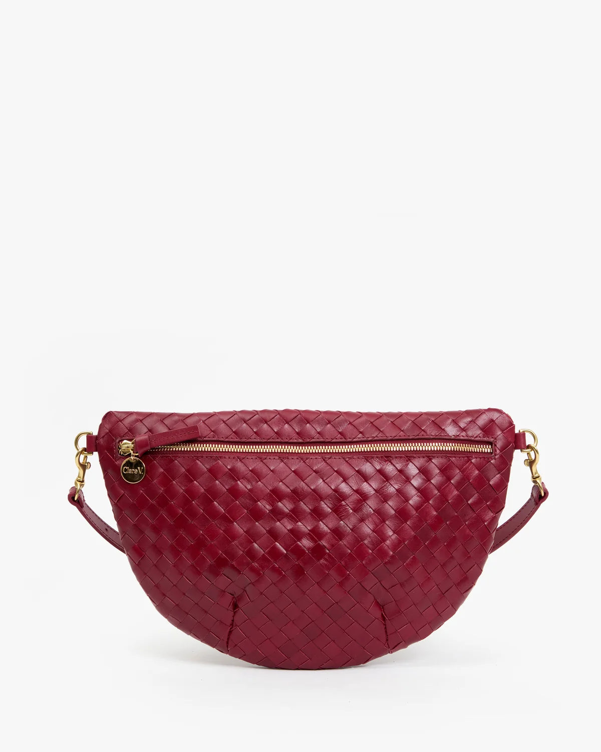 Handwoven garnet leather crossbody with gold zipper and round charm, Clare Vivier Grande Fanny S26.