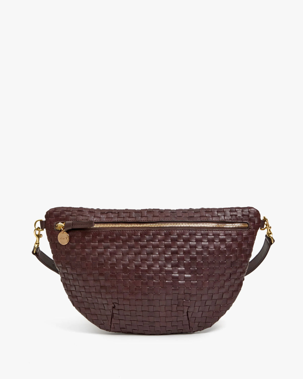 The Grande Fanny S26 by Clare Vivier is a brown handwoven leather crossbody bag featuring a gold zipper and a short, adjustable strap, shown against a plain white background.