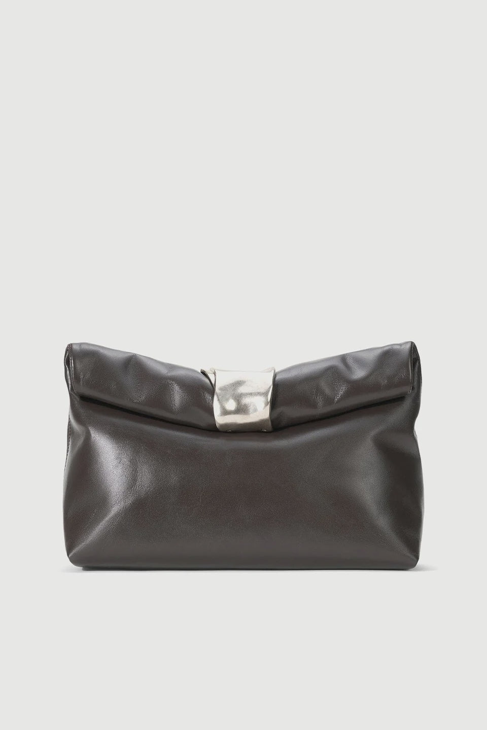 Dark brown leather Staud Cuff Clutch with silver clasp on white background, Bungalow Furniture & Accessories.