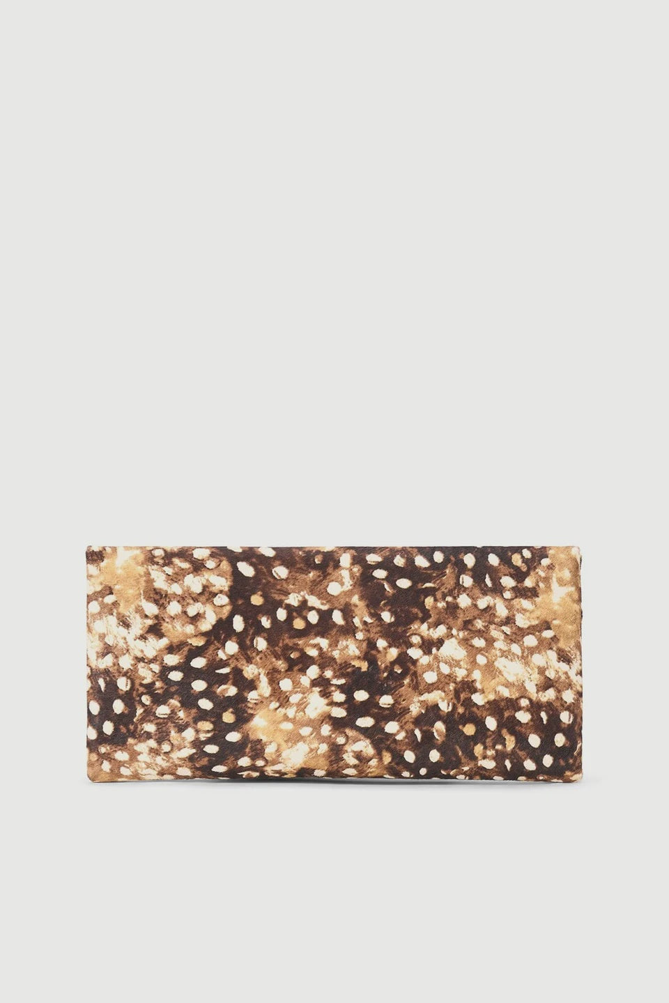Staud Muse Clutch in brown and tan cow leather with a spotted animal print, ideal for evening outings.