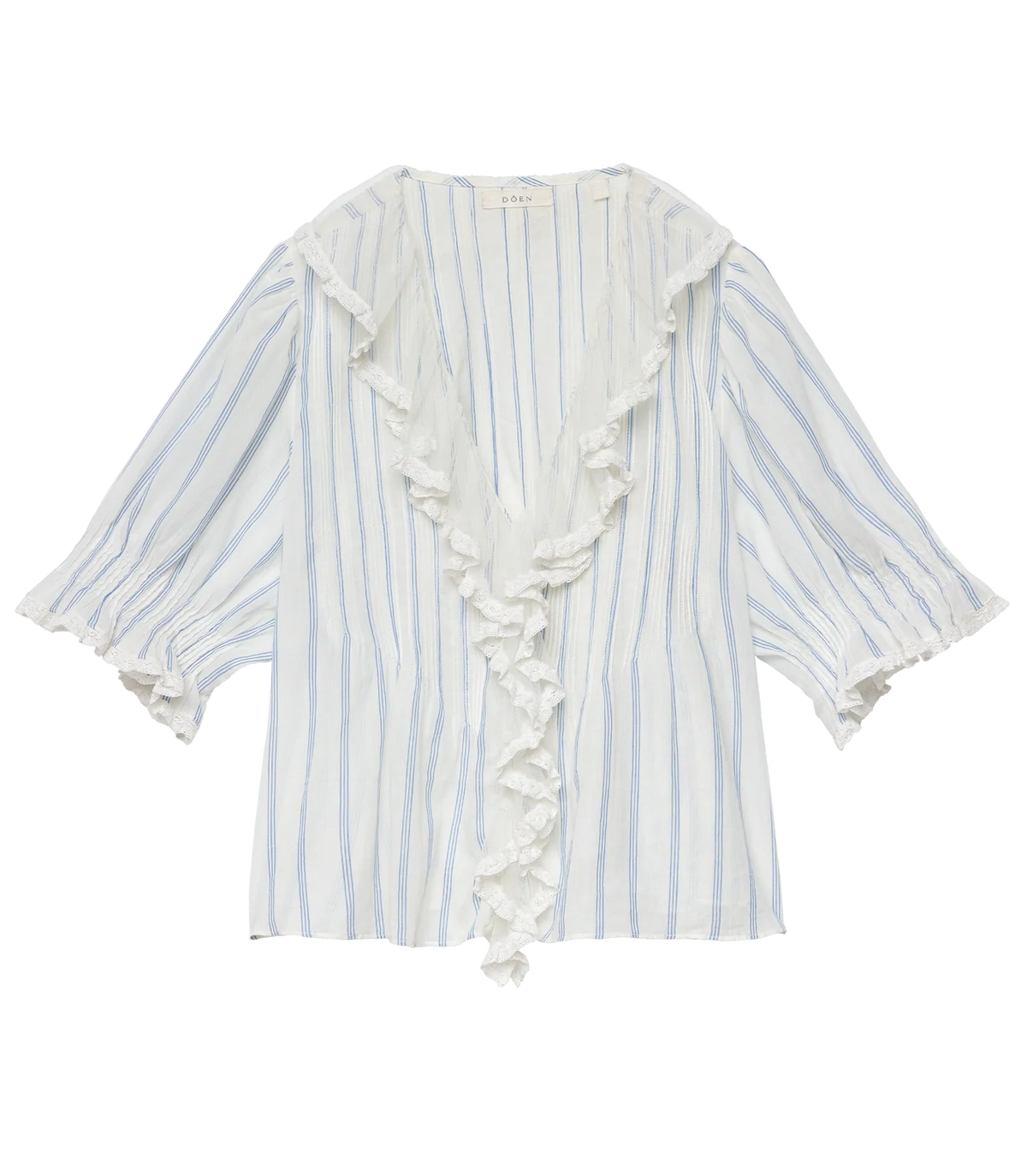 The Henri Top by DOEN is a white organic cotton voile blouse with light blue vertical stripes, a deep V-neckline with ruffled trim, and loose elbow-length sleeves finished with ruffled cuffs.