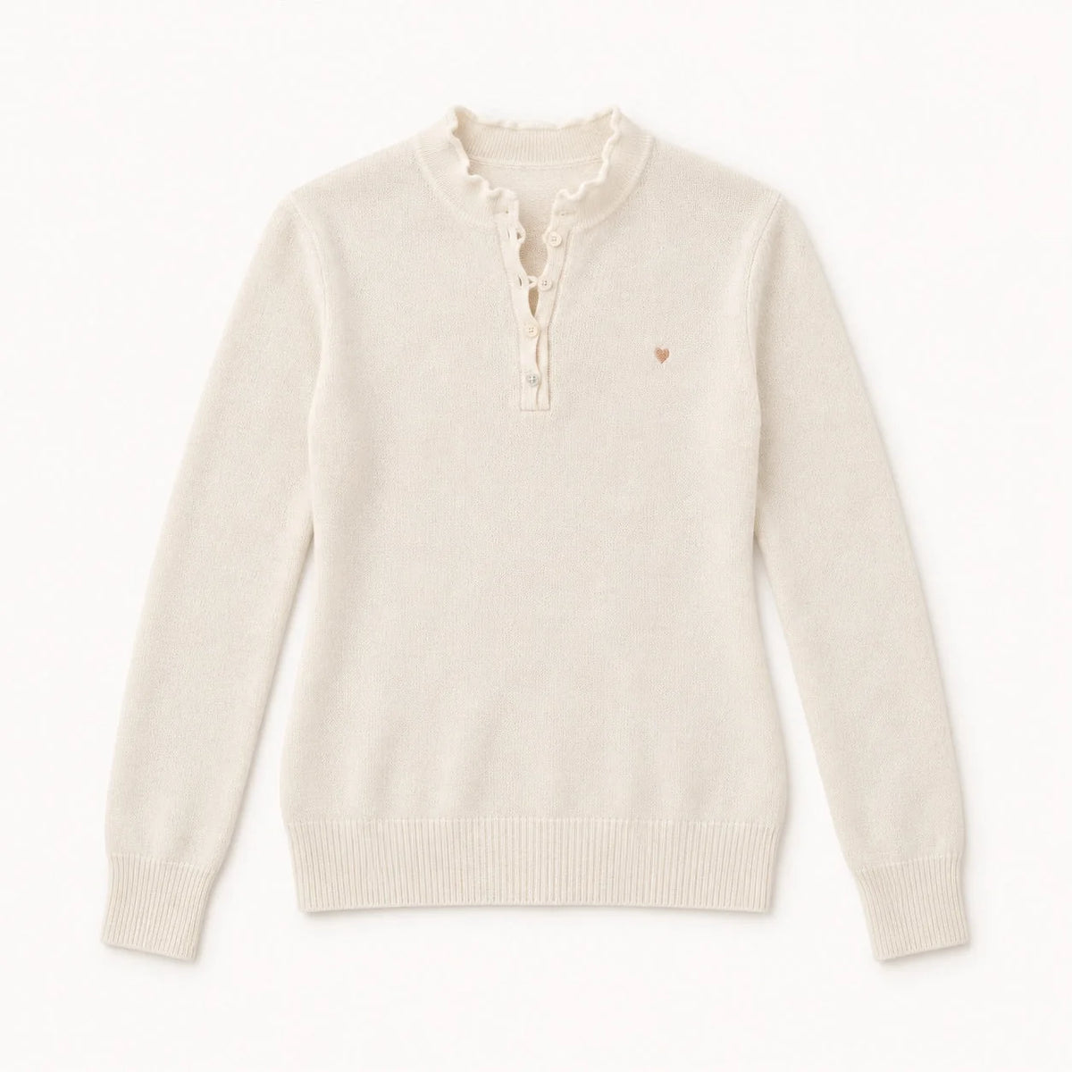 Cream-colored Kerri Rosenthal Femme Ruffle Henley sweater featuring a ruffled neckline and embroidered heart.