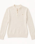Cream-colored Kerri Rosenthal Femme Ruffle Henley sweater featuring a ruffled neckline and embroidered heart.
