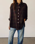 The Big Shirt by Hey Gang in dark plaid cotton poplin with white buttons, paired with faded blue jeans.