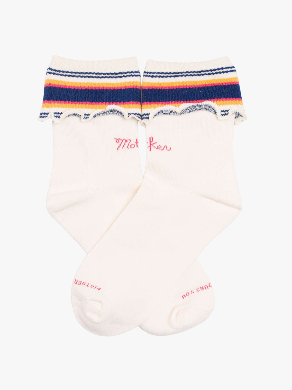 The Fold Please by Mother: ankle-length tube socks in white with navy, yellow, and red striped ruffled cuffs. “Mother” is stitched in pink on the ankles and “for you” appears in pink on the soles.