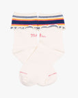 The Fold Please by Mother: ankle-length tube socks in white with navy, yellow, and red striped ruffled cuffs. “Mother” is stitched in pink on the ankles and “for you” appears in pink on the soles.