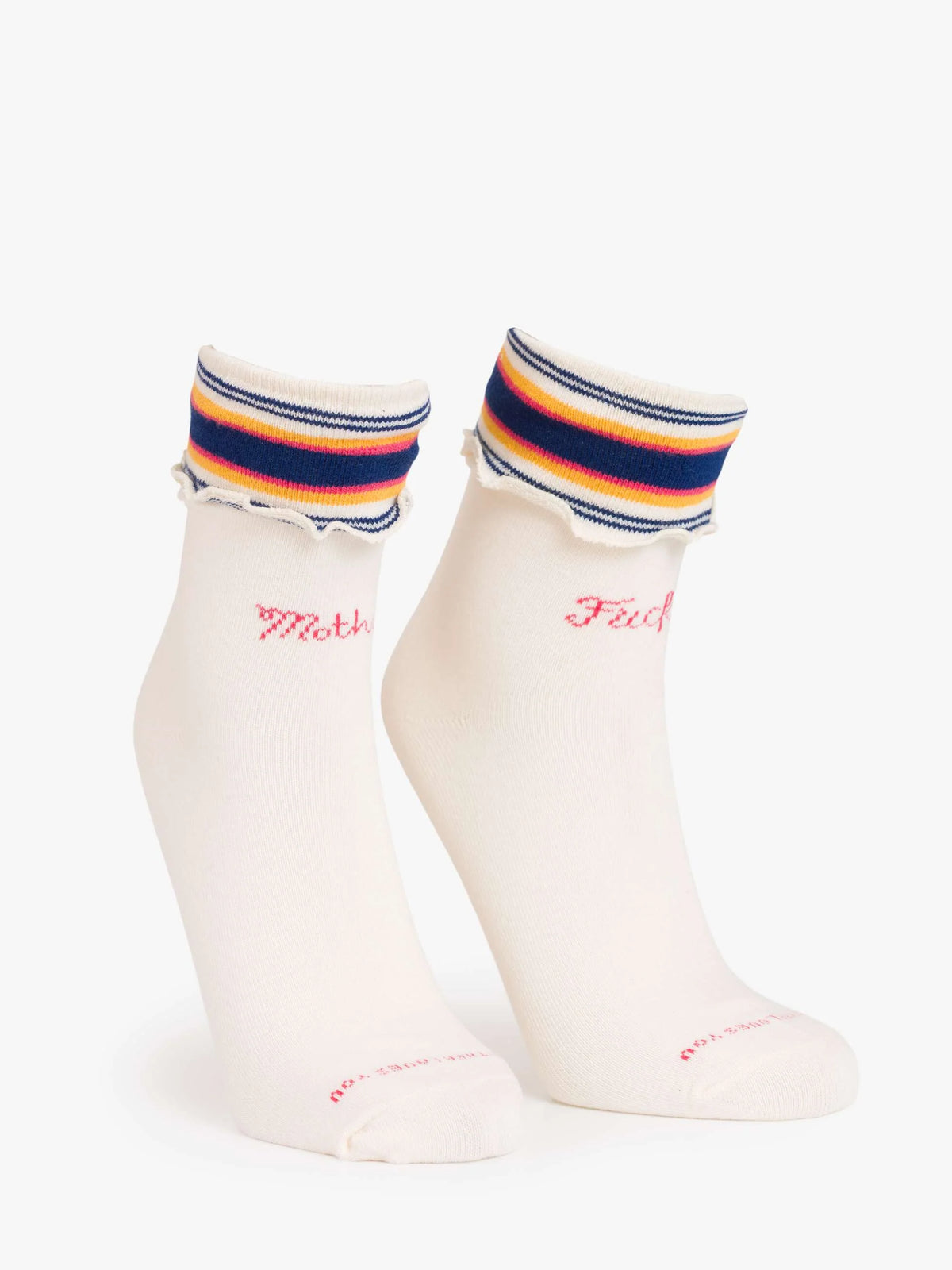 The Fold Please by Mother are white ankle-length tube socks with ruffled hems, blue, orange, and yellow stripes, and playful pink embroidered text on the sides.