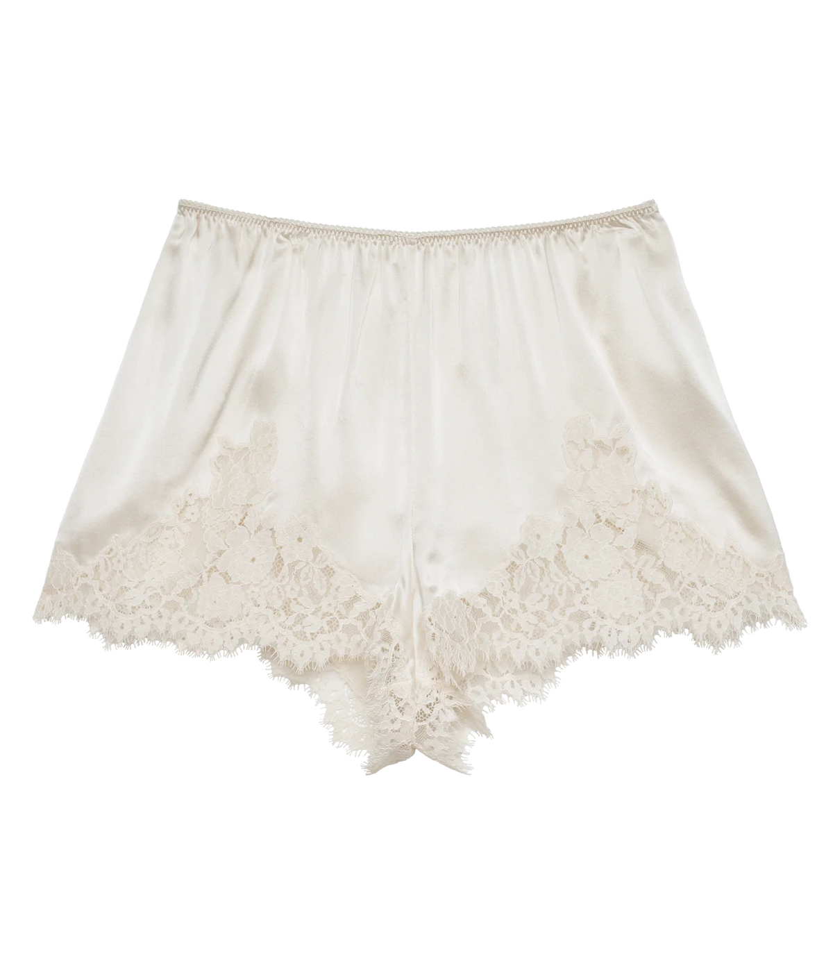 The Iona Short by DOEN features cream-colored silk satin, a high waist, delicate floral lace trim at the hem, a loose fit, and an elastic waistband for comfort.