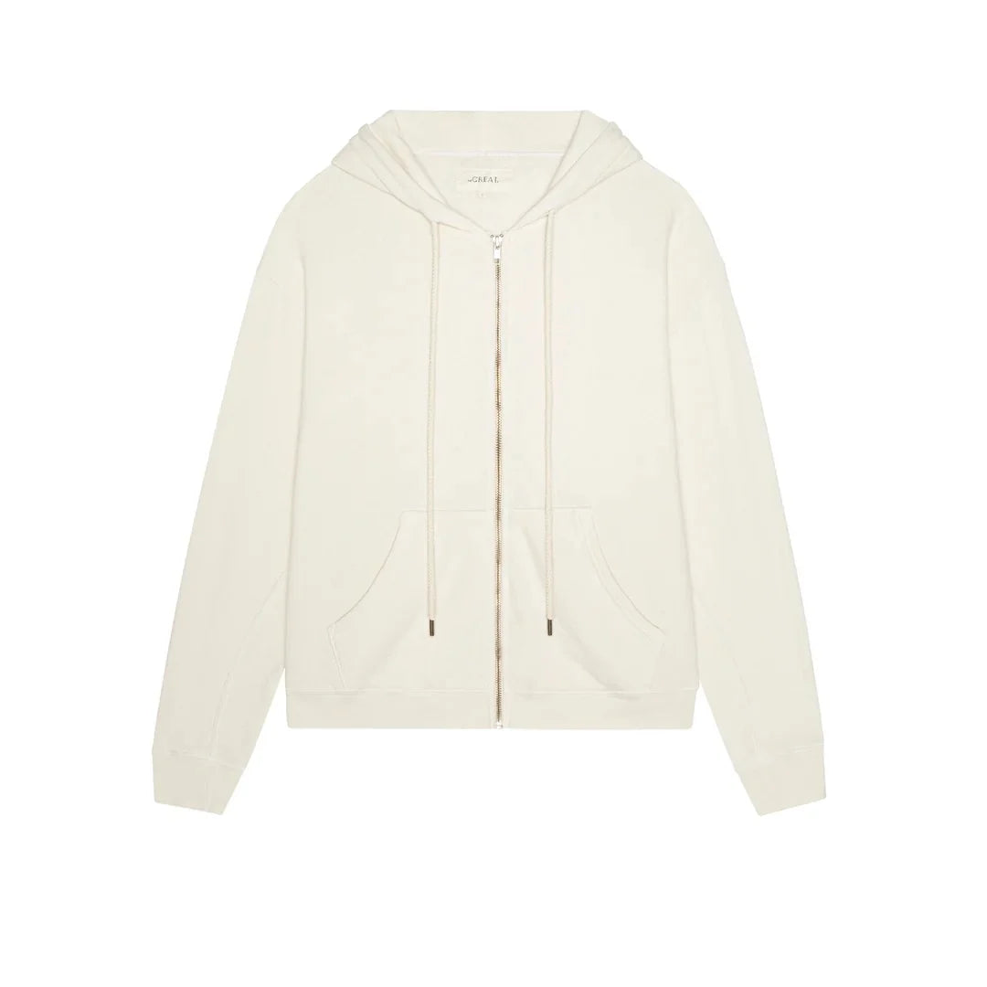 Washed white fleece hoodie with front pockets and hood, The Great Inc. The Fleece Campus Hoodie.