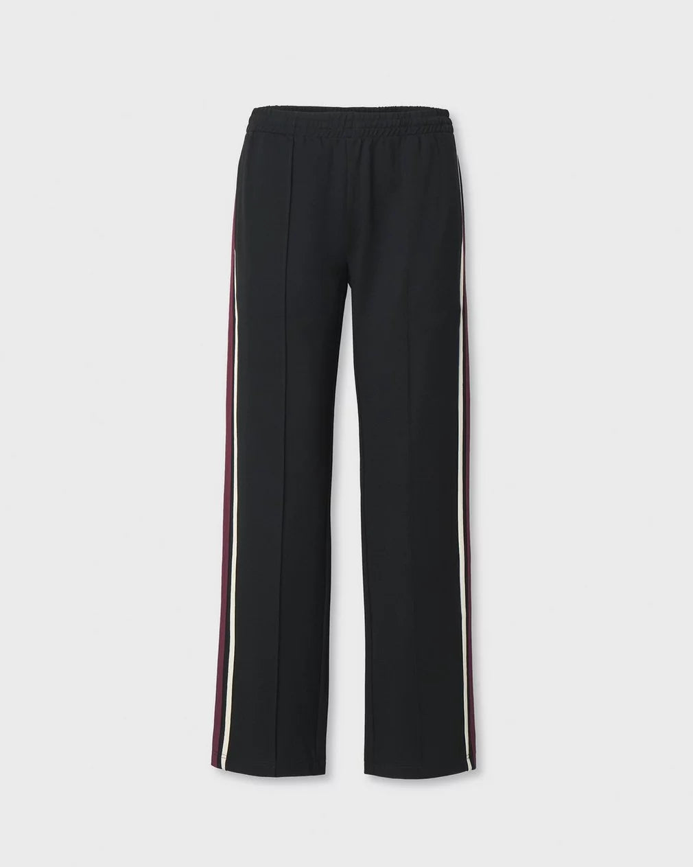 Black Irina Ponte Track Pant with elastic waistband and burgundy and white side stripes.
