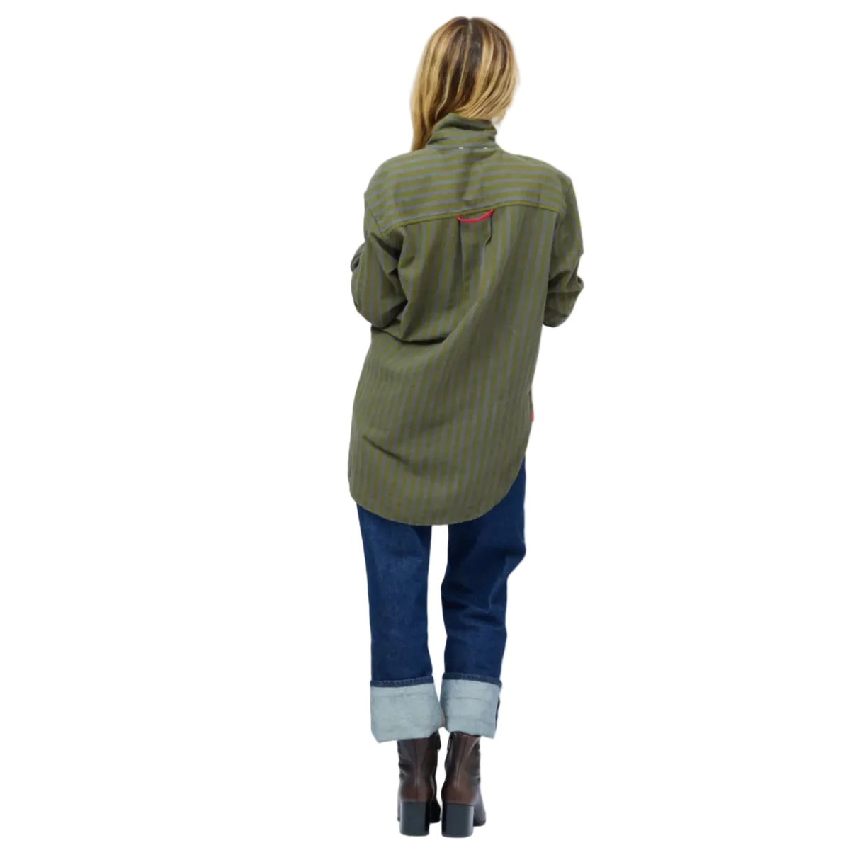Kerri Rosenthal Jack Flannel Shirt in plaid, styled with rolled cuff jeans and brown boots, casual back view.