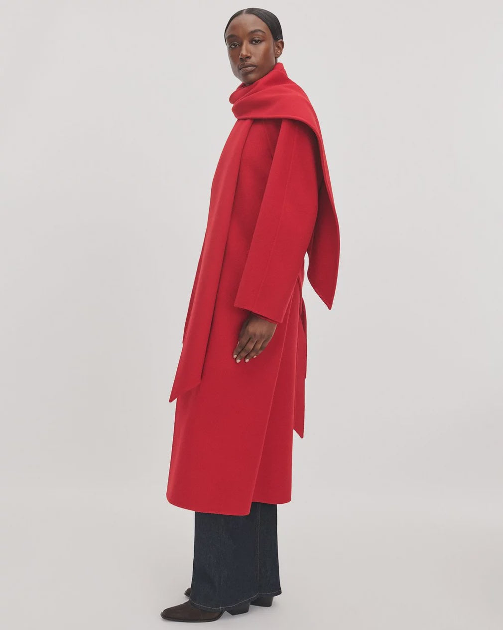 Red Rag &amp; Bone Julian scarf trench, a long-sleeved double-face wool coat with an integrated shoulder scarf.