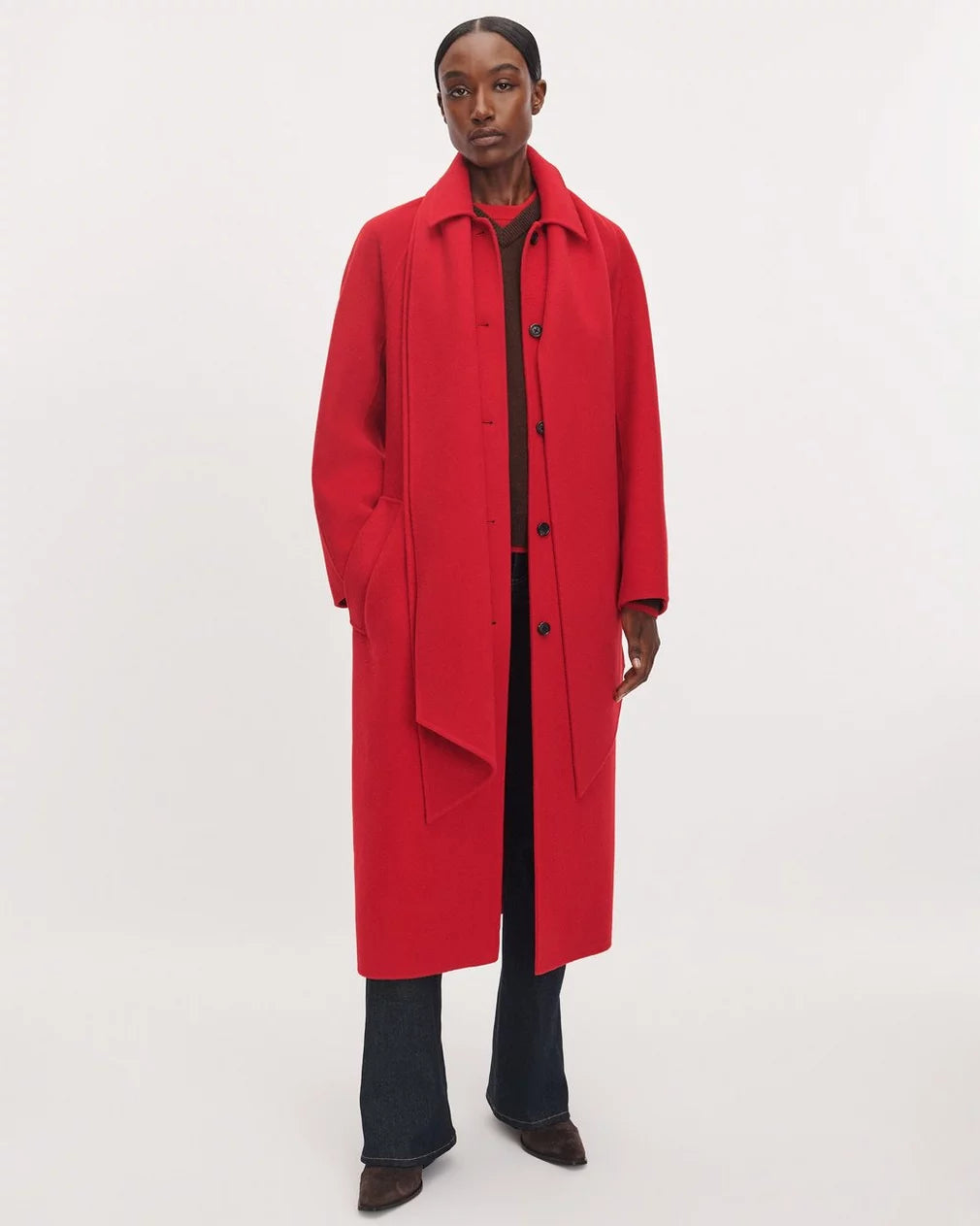 Bright red double-face wool Julian scarf trench coat with raglan sleeves and button front by Rag &amp; Bone.