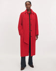 Bright red double-face wool Julian scarf trench coat with raglan sleeves and button front by Rag & Bone.