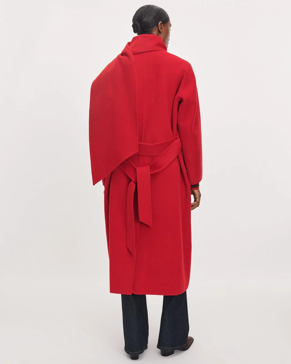 Red Julian scarf trench coat with raglan sleeves and belted waist, back view, from Bungalow Furniture &amp; Accessories.