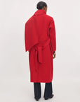 Red Julian scarf trench coat with raglan sleeves and belted waist, back view, from Bungalow Furniture & Accessories.