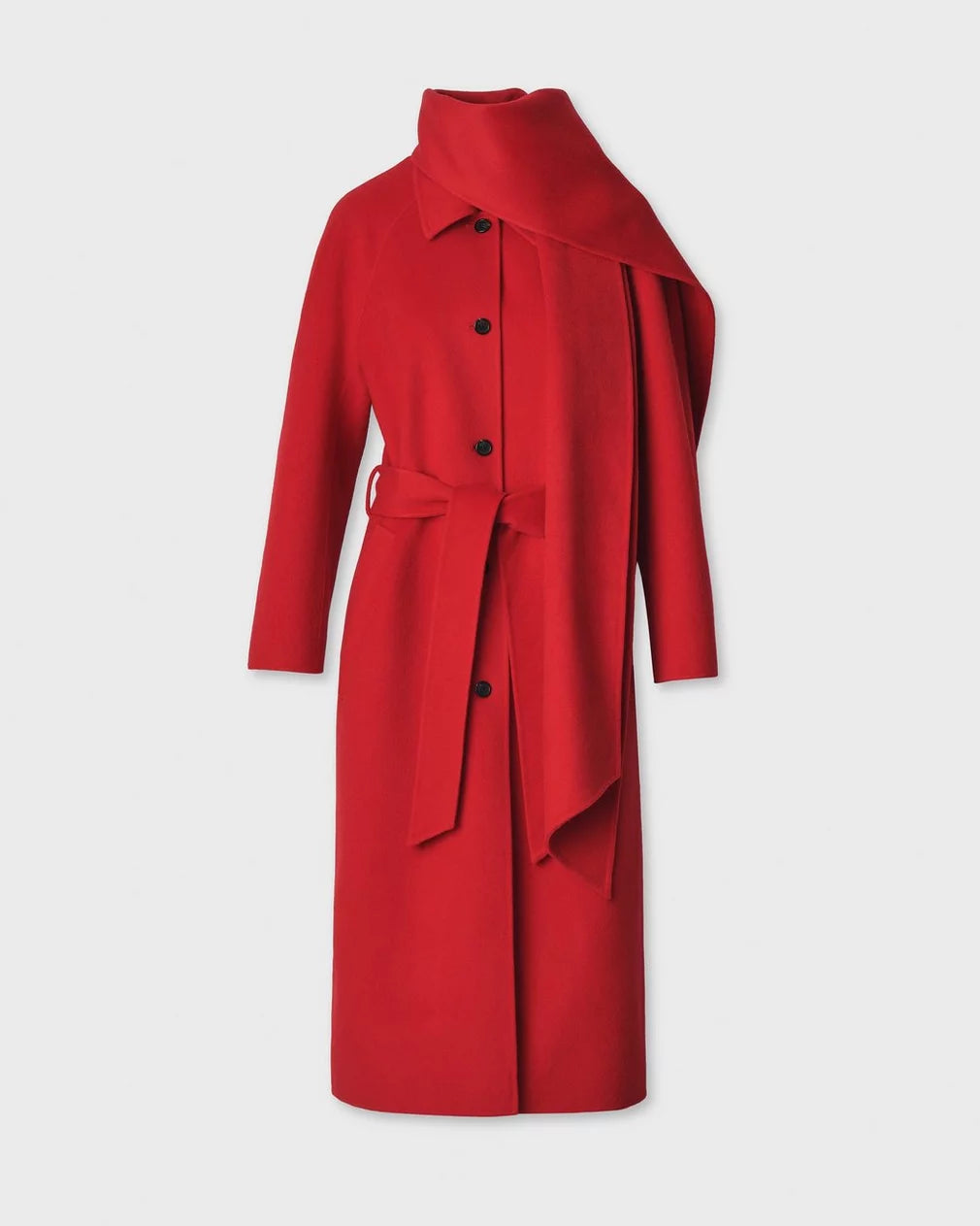 Bright red double-face wool Julian scarf trench by Rag &amp; Bone with an integrated scarf collar, belt, and buttons.