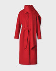 Bright red double-face wool Julian scarf trench by Rag & Bone with an integrated scarf collar, belt, and buttons.
