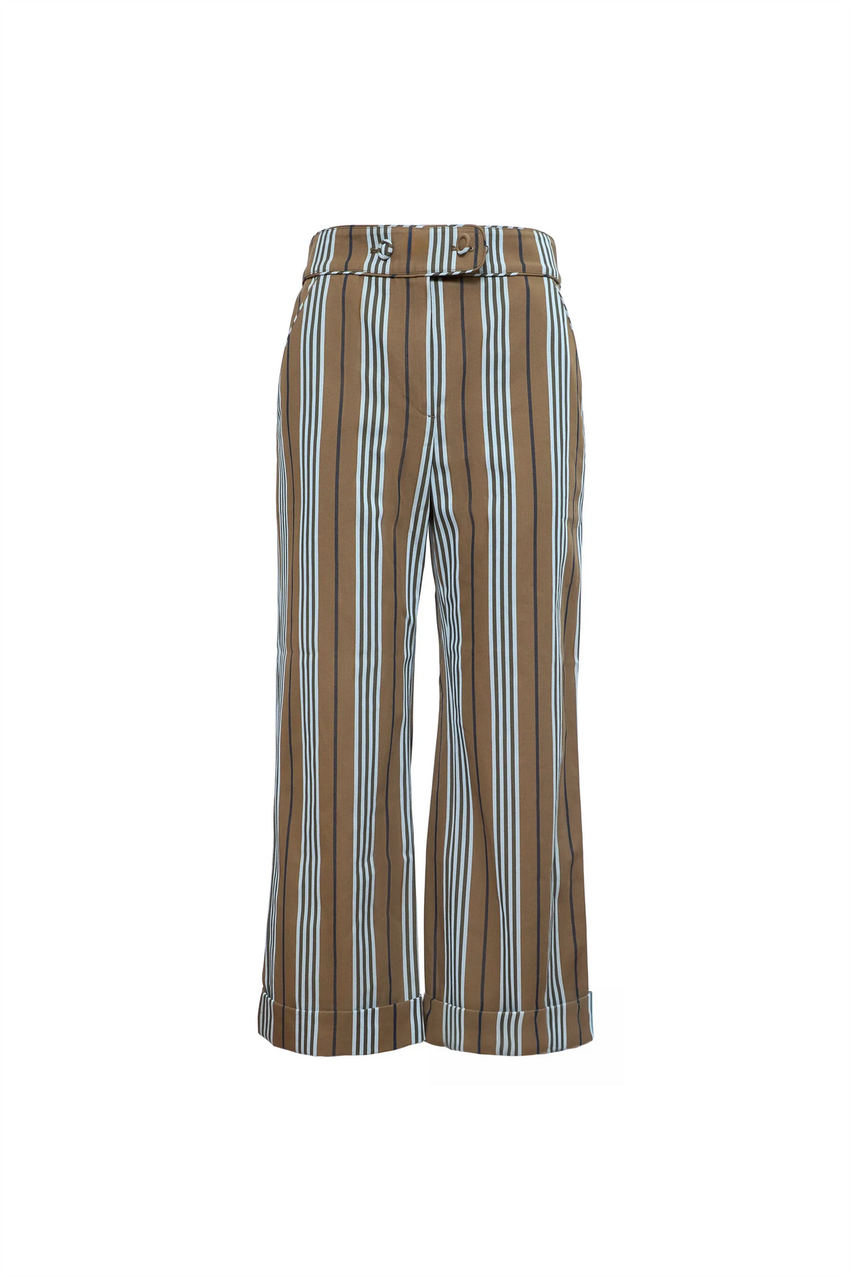 Brown striped cotton twill straight-leg pants with cuffed hems, tailored fit by Hunter Bell NYC, Juno Pant.