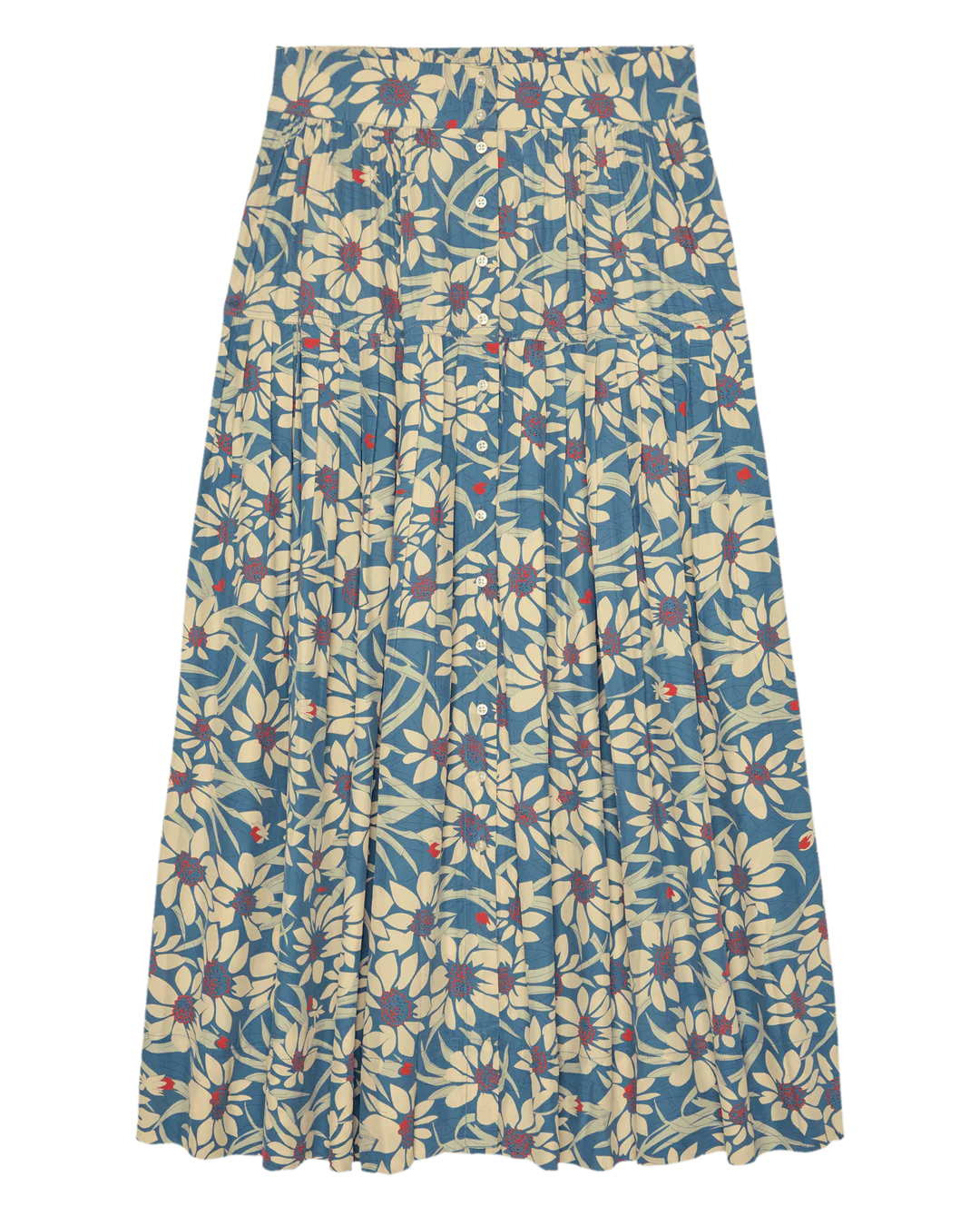 The Highland Skirt by The Great Inc. is a long, floral pleated skirt with a blue background, cream and yellow pattern, and red dot accents. It features an elastic waistband for added comfort and style.