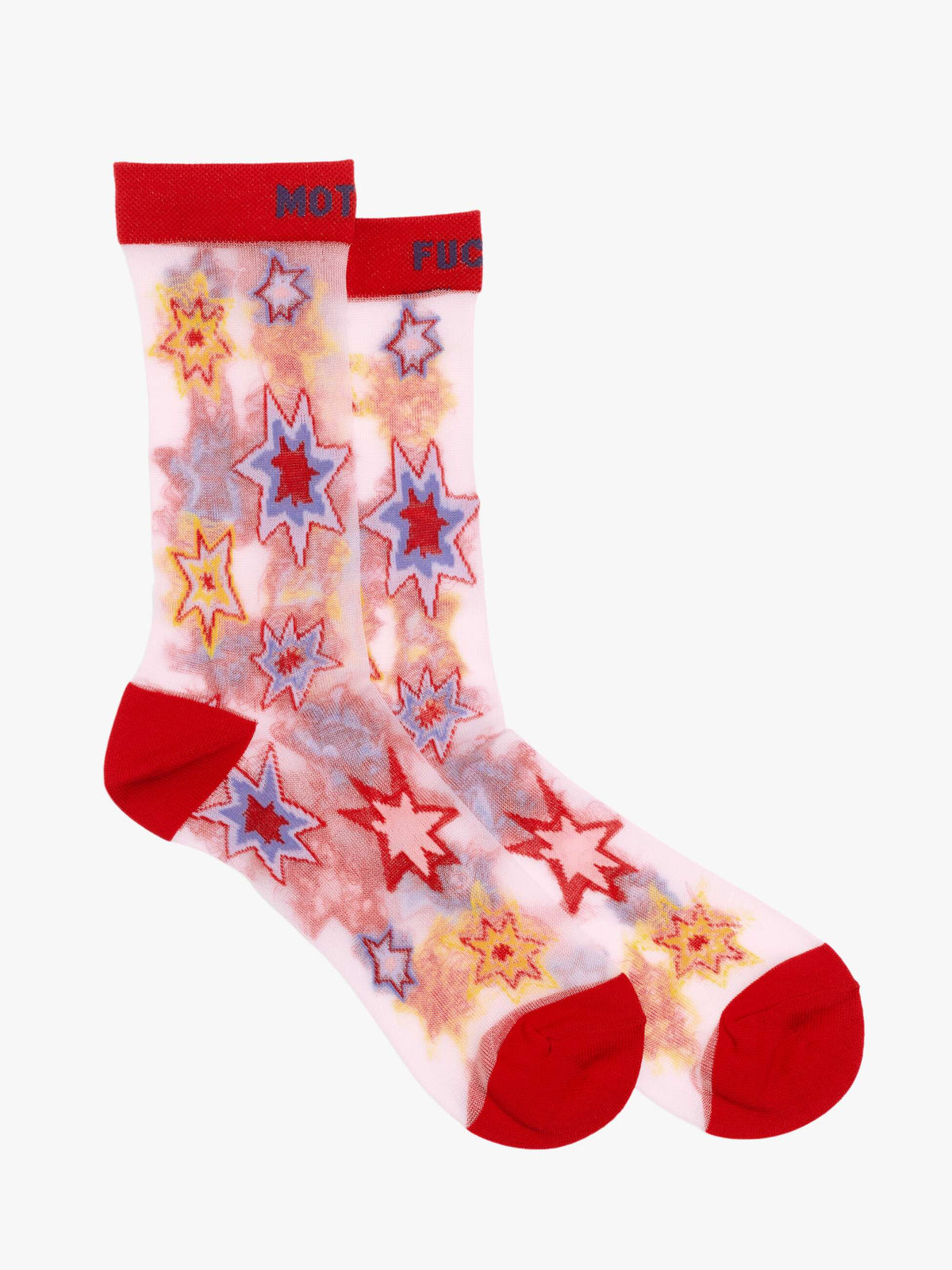 The Step Up Sock by Mother features translucent grey fabric with red heels, toes, and cuffs, colorful star patterns in red, yellow, and blue, plus blue and red text along the cuff's top edge.