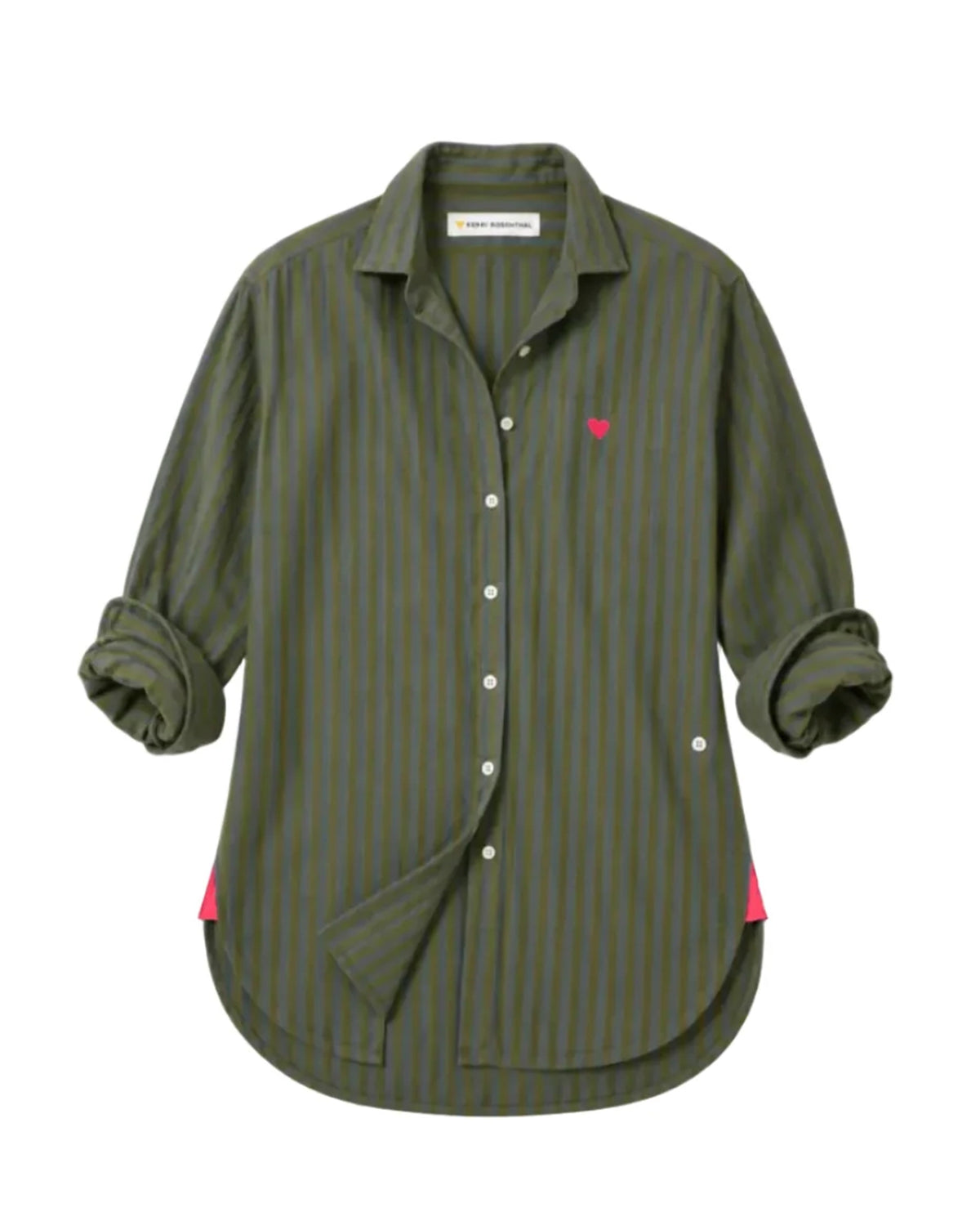 Oversized olive striped flannel shirt with rolled sleeves and pink heart accents by Kerri Rosenthal.