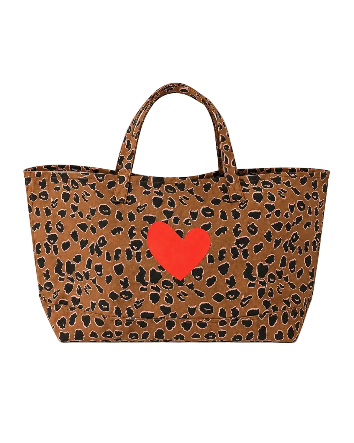 Cheetah print canvas tote with red heart, double handles by Kerri Rosenthal Nomad, casual everyday style.