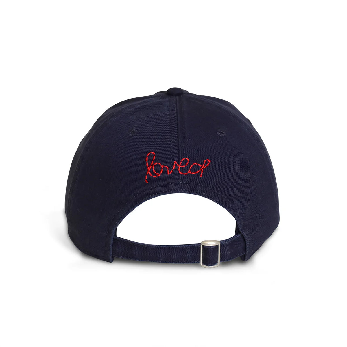 The Kerri Rosenthal Baseball Hat Heart Patch in navy blue is shown from the back, with "love" and a red embroidered heart above the adjustable strap for a fresh take on classic styles.