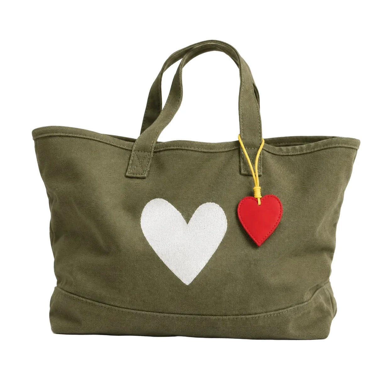 Army green tote with white heart graphic and red leather heart charm, Kerri Rosenthal Imperfect Heart Collection.