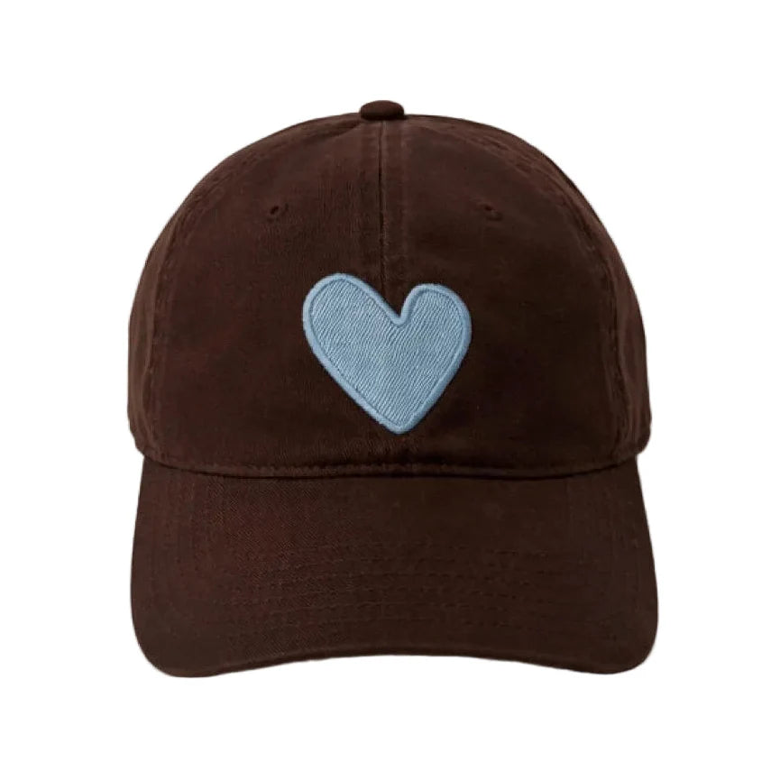 Cocoa chambray hat with a light blue embroidered heart, Kerri Rosenthal Imperfect Heart Hat.