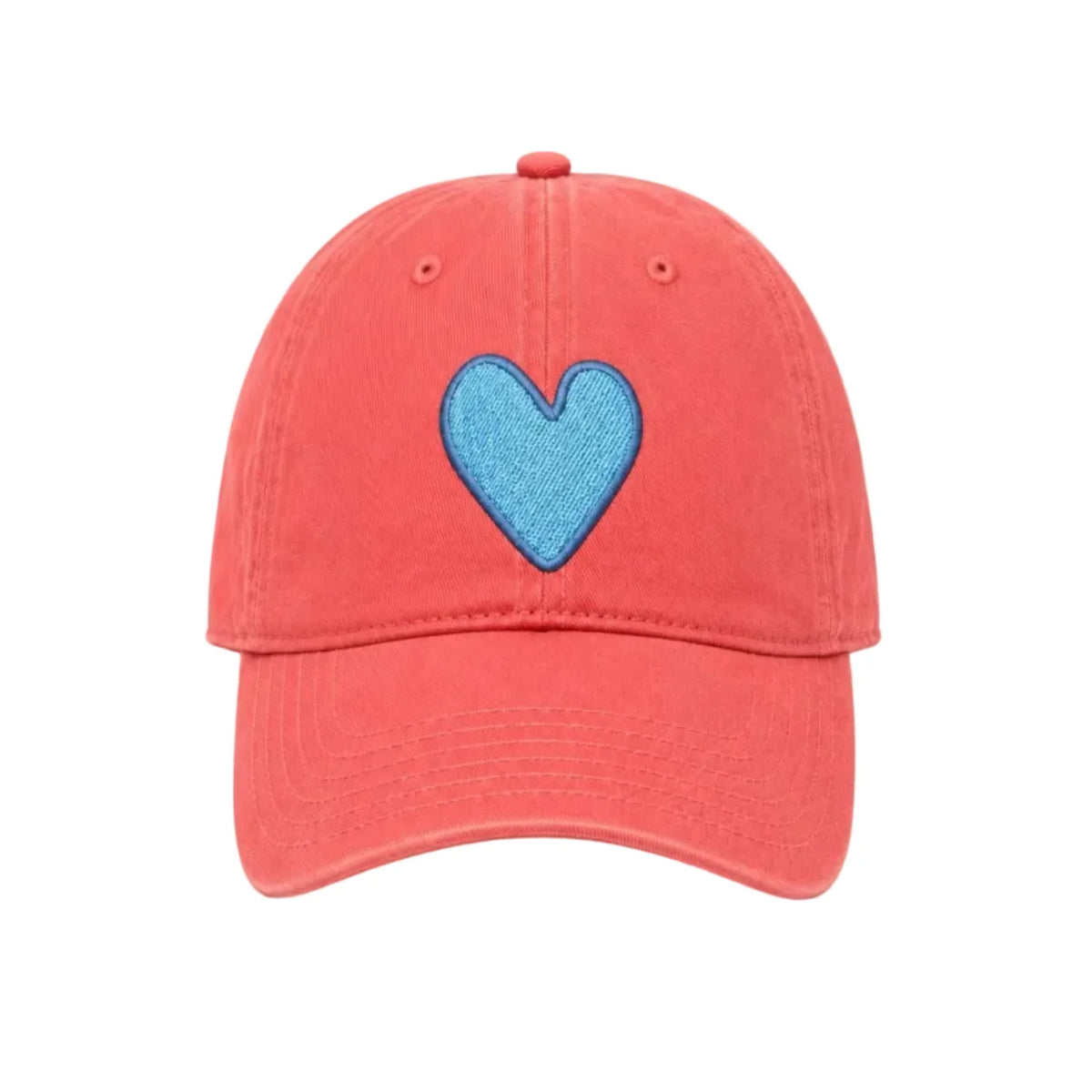 Red and denim blue heart patch hat by Kerri Rosenthal, KR Imperfect Heart Hat, displayed on white background.