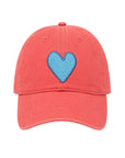 Red and denim blue heart patch hat by Kerri Rosenthal, KR Imperfect Heart Hat, displayed on white background.