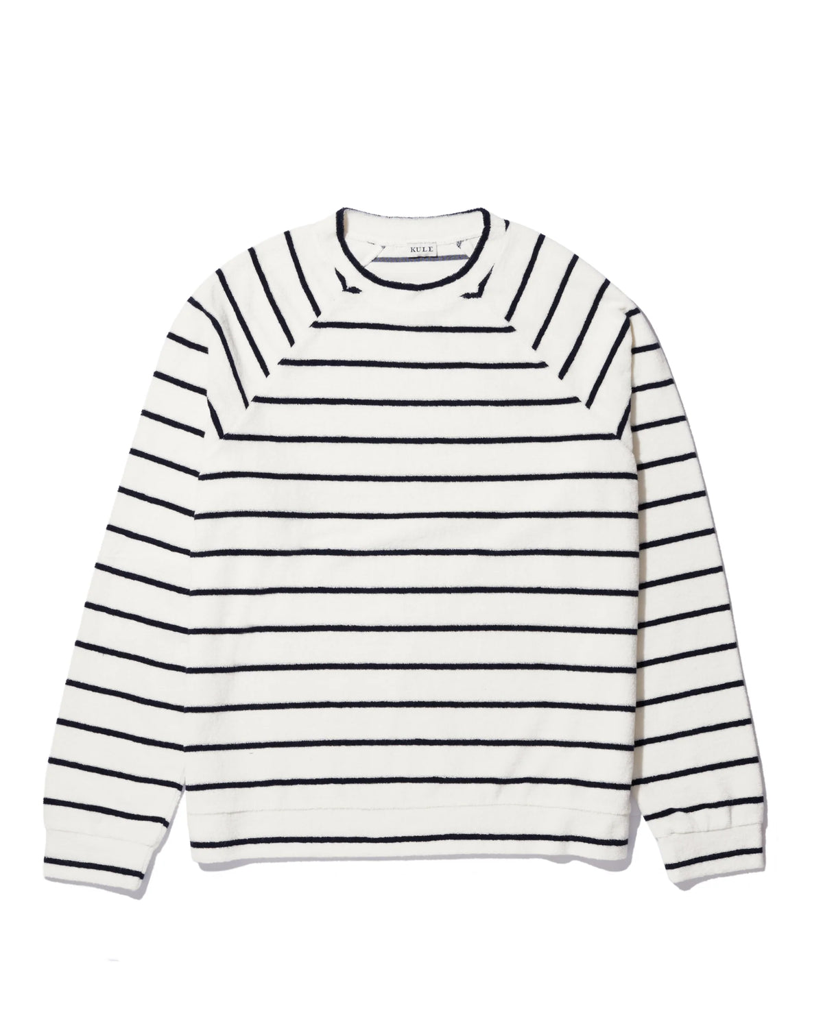 The Terry Franny sweatshirt by Kule is a white cotton-blend, long-sleeve crewneck with evenly spaced horizontal black stripes, shown laid flat on a white background.