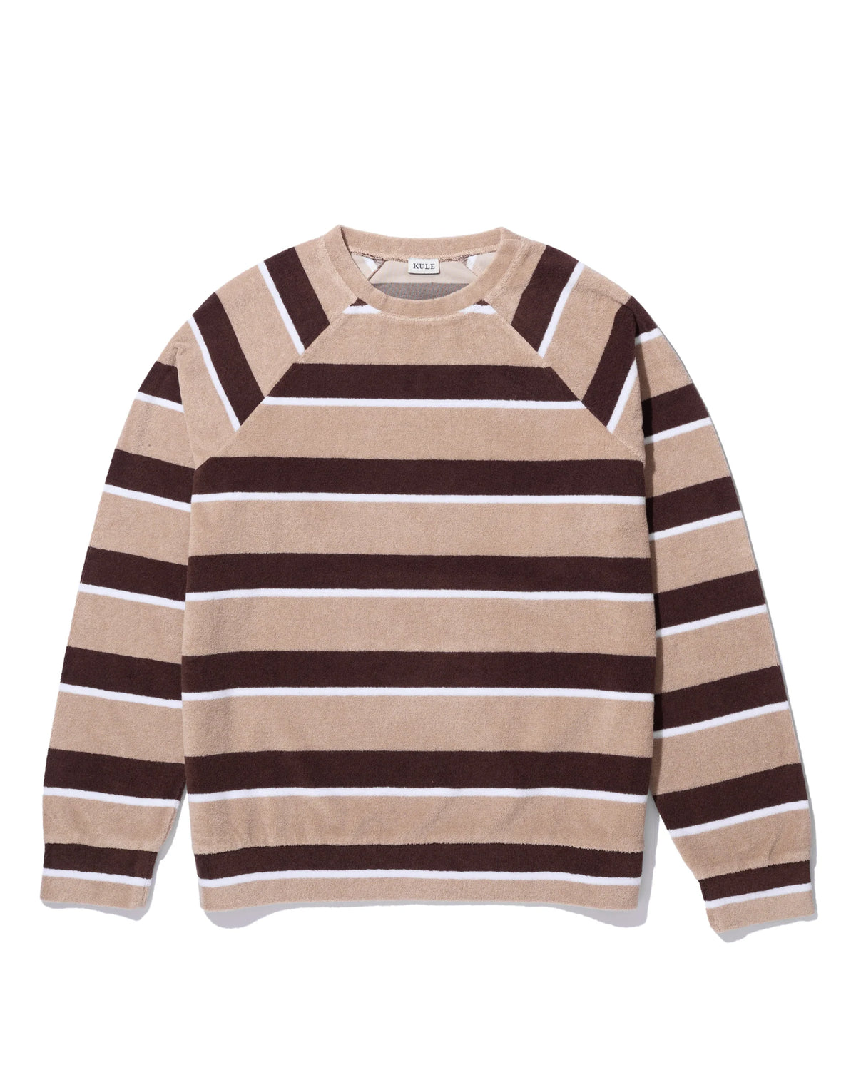 The Terry Franny sweatshirt by Kule is a long-sleeve cotton-blend featuring wide beige, brown, and off-white stripes and a comfy raglan sleeve design, shown flat on a white background.