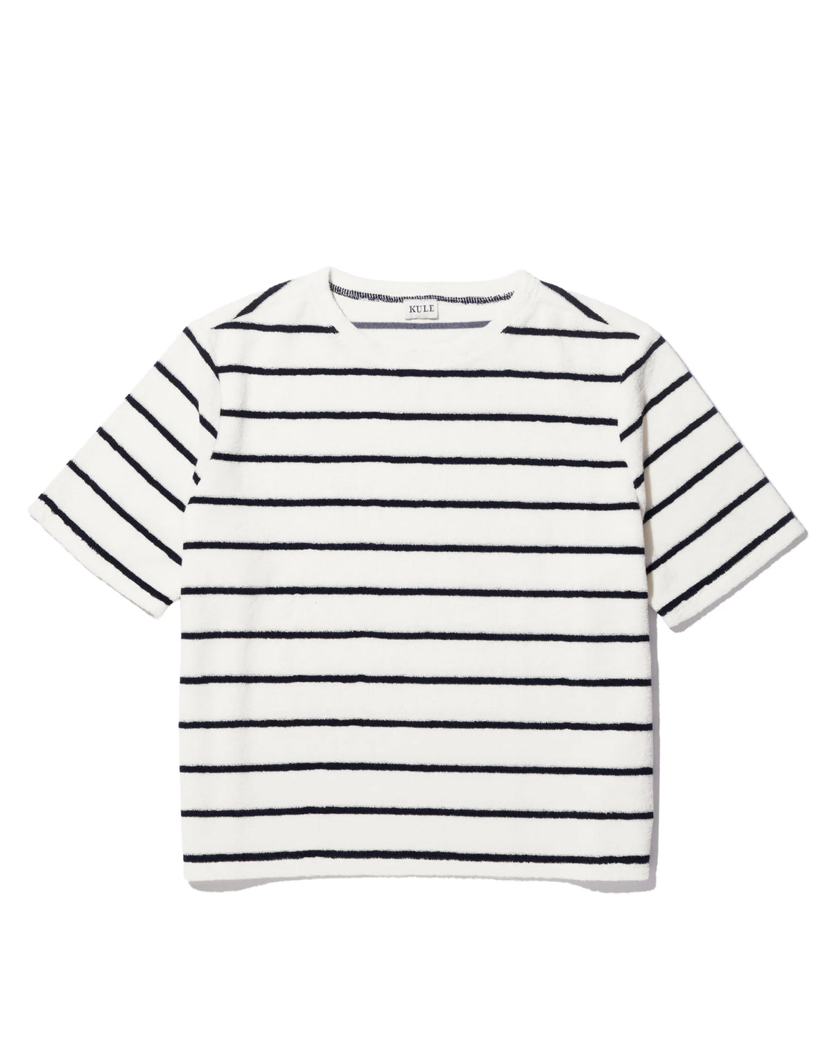 The Terry Hurley by Kule is a roomy, short-sleeve white cotton-blend T-shirt with evenly spaced horizontal black stripes, shown laid flat on a white background.