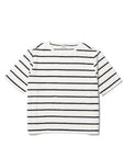 The Terry Hurley by Kule is a roomy, short-sleeve white cotton-blend T-shirt with evenly spaced horizontal black stripes, shown laid flat on a white background.
