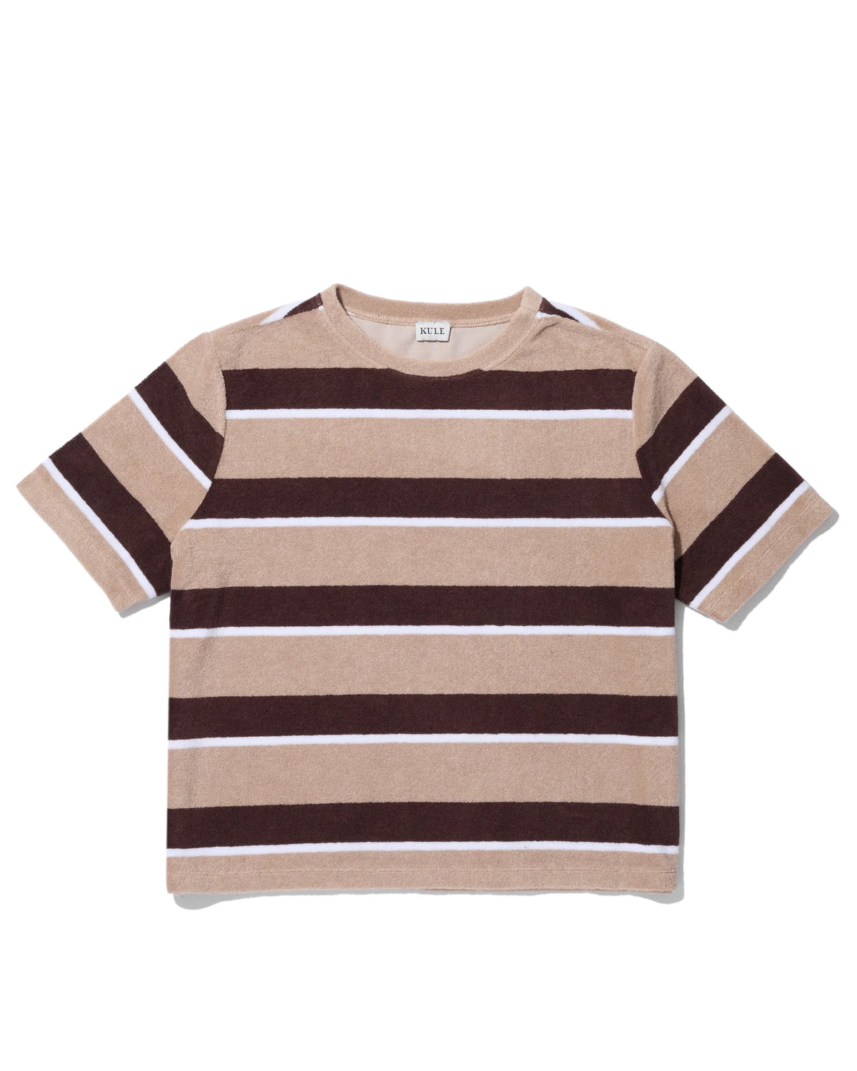 The Terry Hurley by Kule is a short-sleeve, crew neck cropped tee featuring wide brown, tan, and white stripes. Made from a soft cotton-blend fabric, the shirt is displayed flat against a white background.