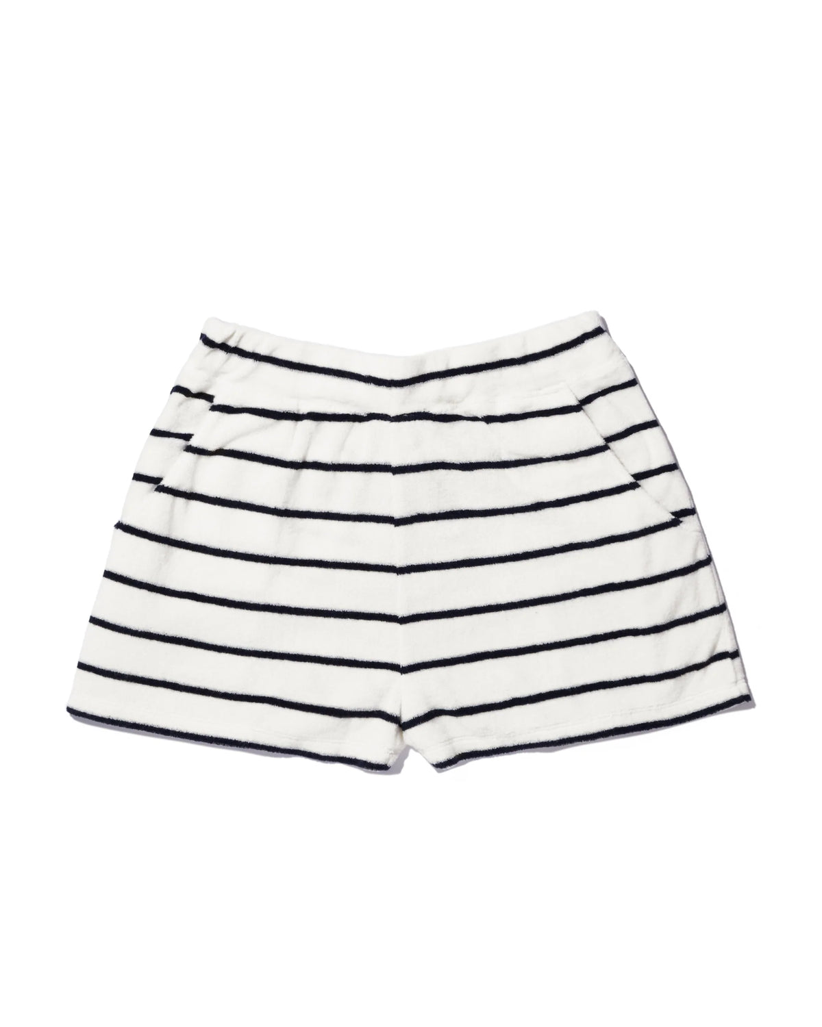 The Terry Venus short by Kule—white with black horizontal stripes, made from a soft cotton-blend terry for a relaxed fit—is shown laid flat on a white background.