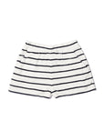 The Terry Venus short by Kule—white with black horizontal stripes, made from a soft cotton-blend terry for a relaxed fit—is shown laid flat on a white background.